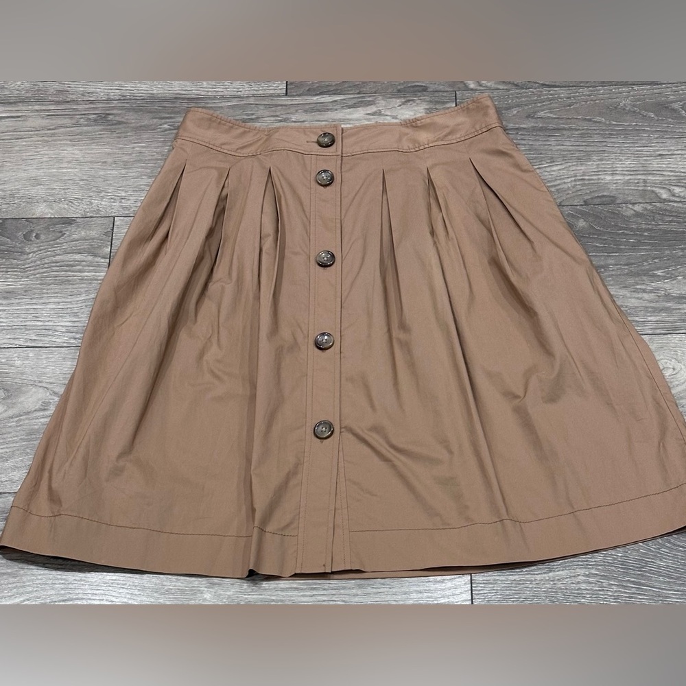 Lands' End Tan Button-Front Pleated Midi Skirt with Flare